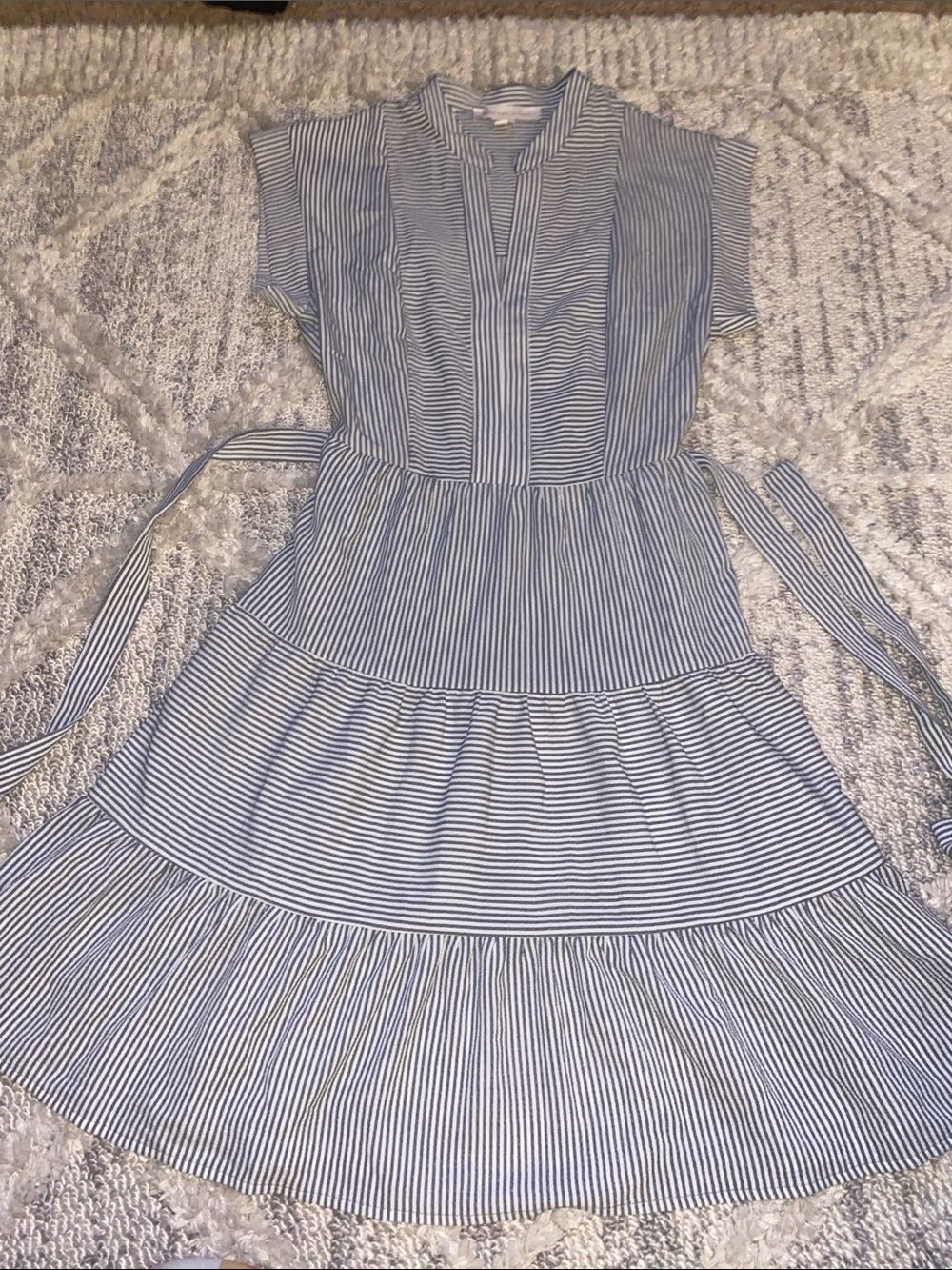 Monteau Blue and White Striped Tiered Midi Dress